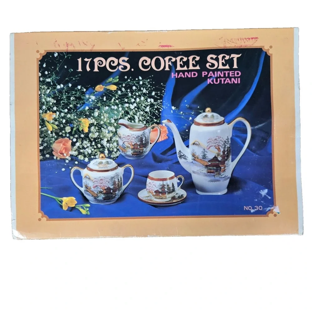 Spring Kutani Lithophane Demitasse 17pc set Cofee Pot creamer & 6 cups & saucers